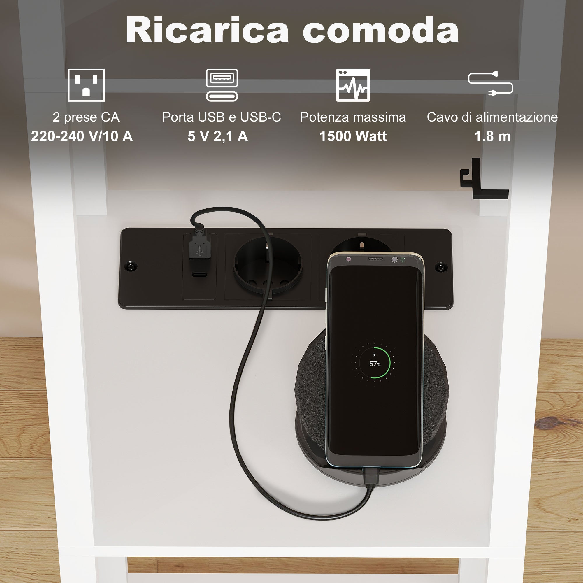 Lampada da Terra 26x26x160 cm Struttura con Ripiani Luce Regolabile Interruttore a Pedale e Porte USB in MDF Bianco
