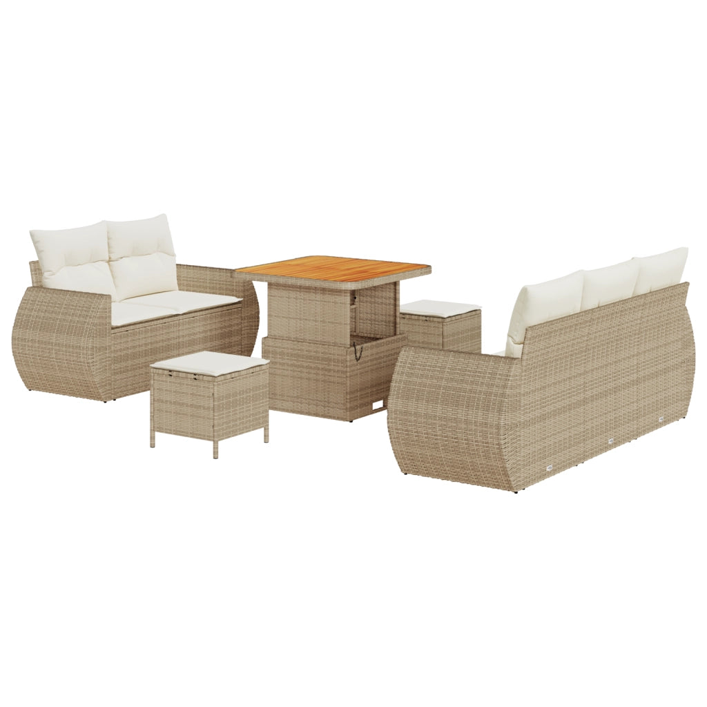 Set Divano da Giardino 8 Pezzi con Cuscini Beige Polyrattan Acacia