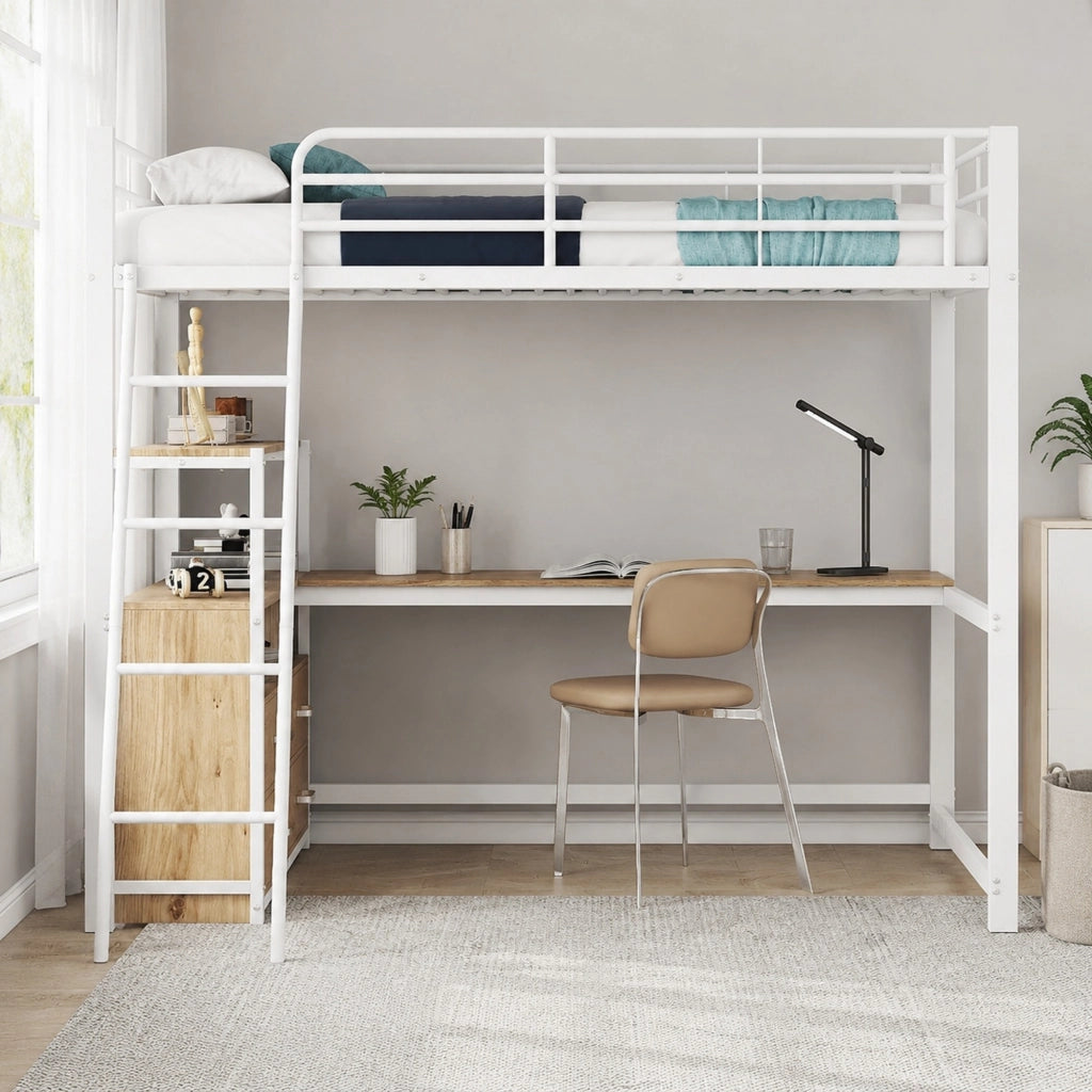 DESMIU Letto a soppalco 2 posti con 4 cassetti e scrivania a L, 140 × 200 cm, senza materasso, metallo e MDF, bianco