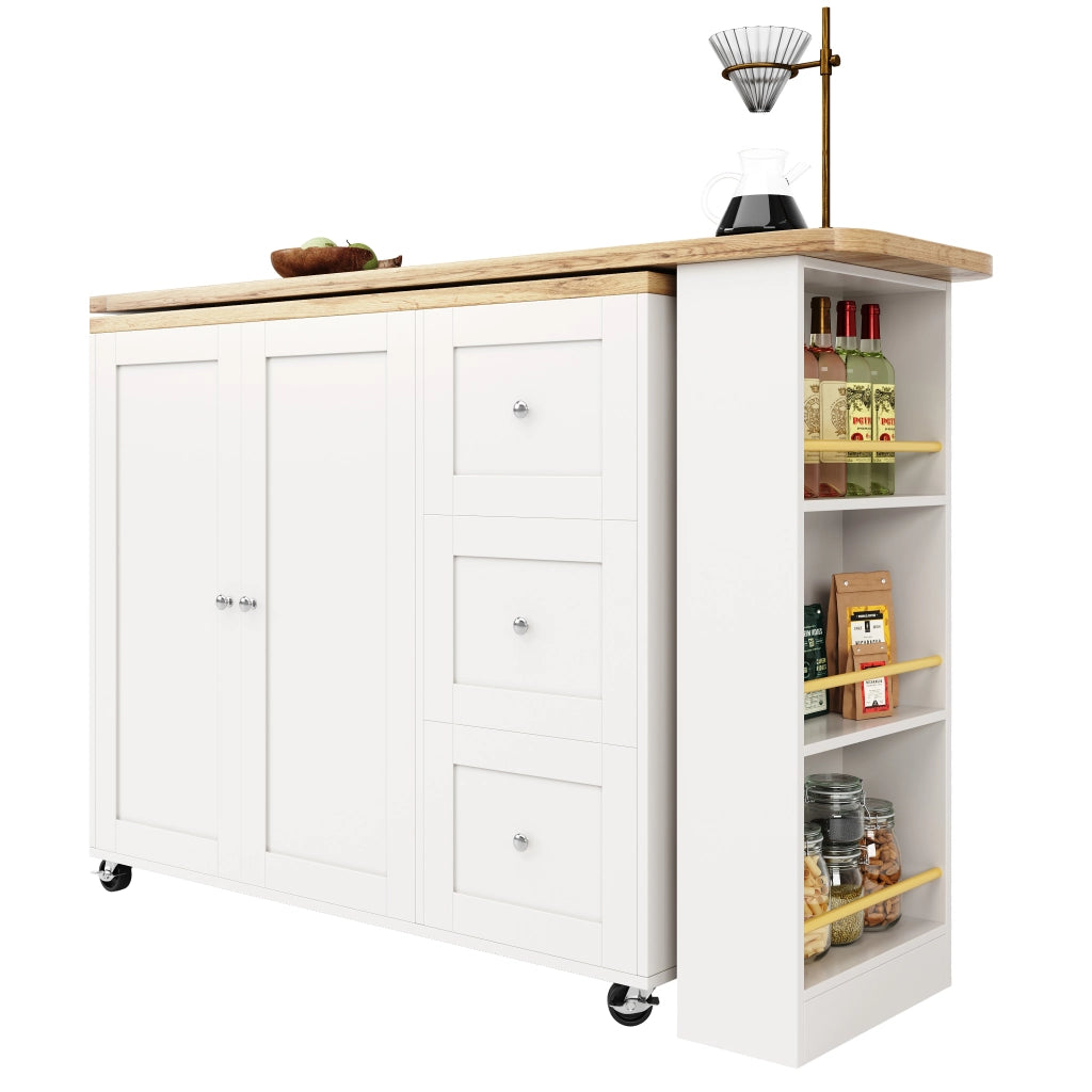 OKWISH Carrello da Cucina con 2 Ante e 3 Cassetti, 3 Ripiani, Rotazione a 360° e Ruote, MDF, Bianco