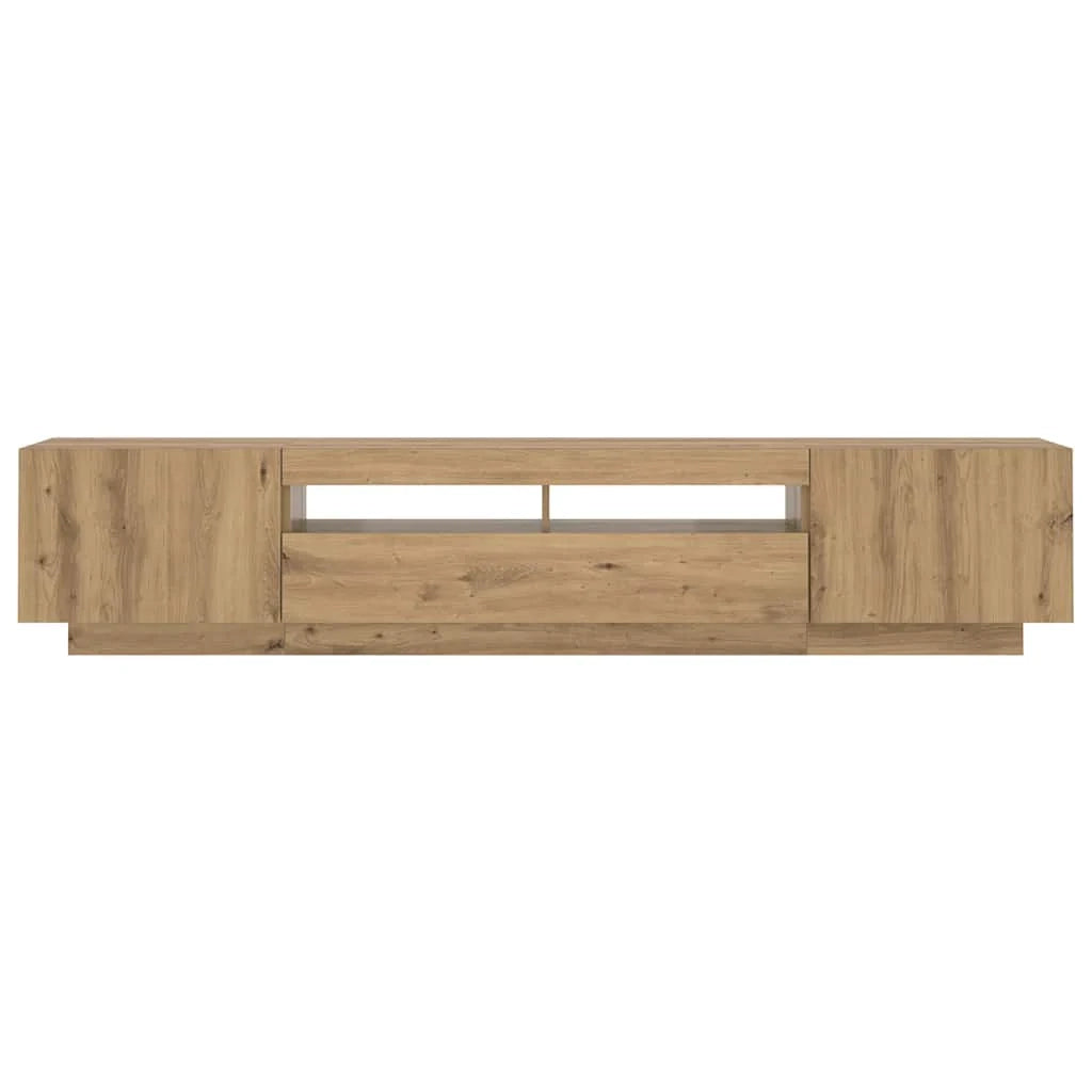 Mobile porta TV dal design moderno con luci a LED ampio vano contenitore 200 x 35 x 40 cm finitura in rovere ingegnerizzato realizzato artigianalmente 02_0055886