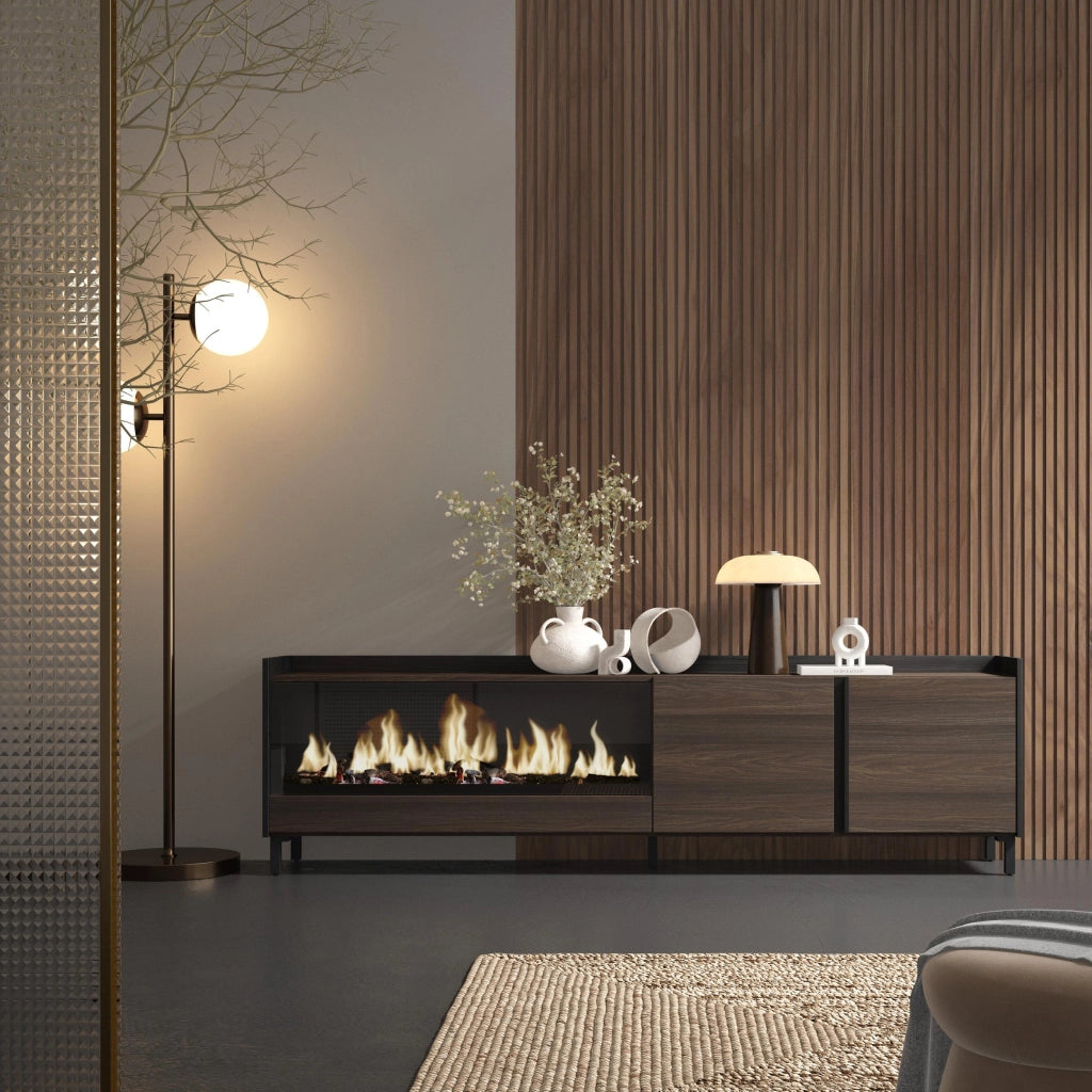Mobile TV Soggiorno, 212x61x35 cm, Per TV fino a 80", Camino elettrico XXL, Design industriale, Rovere scuro e Nero