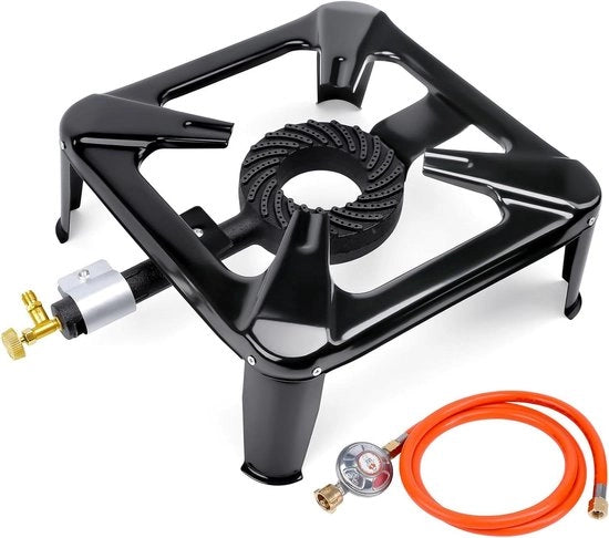 Fornello a Gas Portatile da Campeggio 8 kW - Ideale per BBQ all'Aperto - Con 1,5 m Slang di Gas e Regolatore di Pressione Costante - Pedane Rimovibili per Magazzinaggio Facile