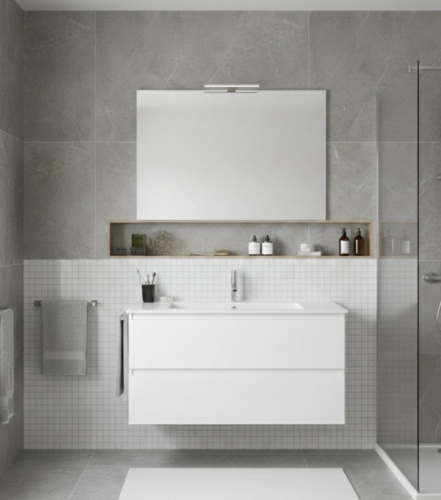 Mobile Bagno LOKI Già Montato 2 cassetti con piedini, lavabo e specchio Bianco lucido 60x35 cm