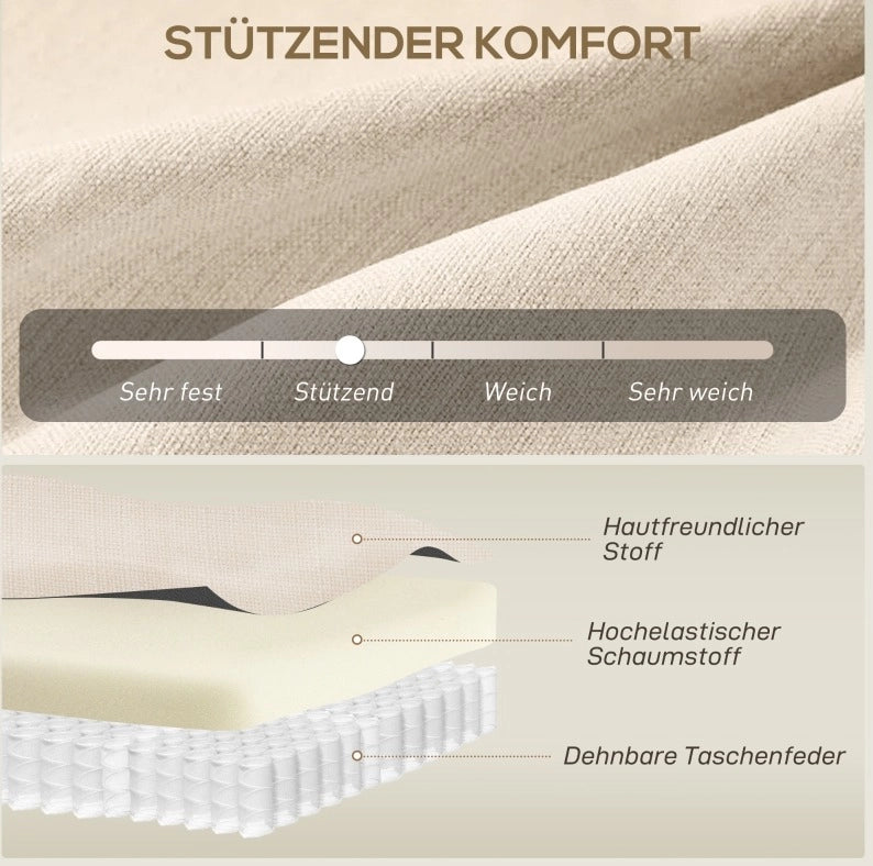 Divano 2 posti beige con schienale trapuntato e gambe in legno