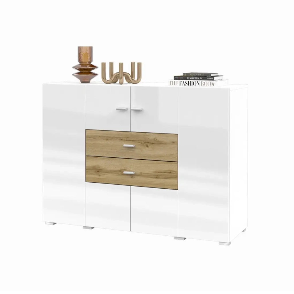 Buffet piccolo modello 120cm collezione KOBEE con 2 porte e 2 cassetti. Colore bianco e rovere.