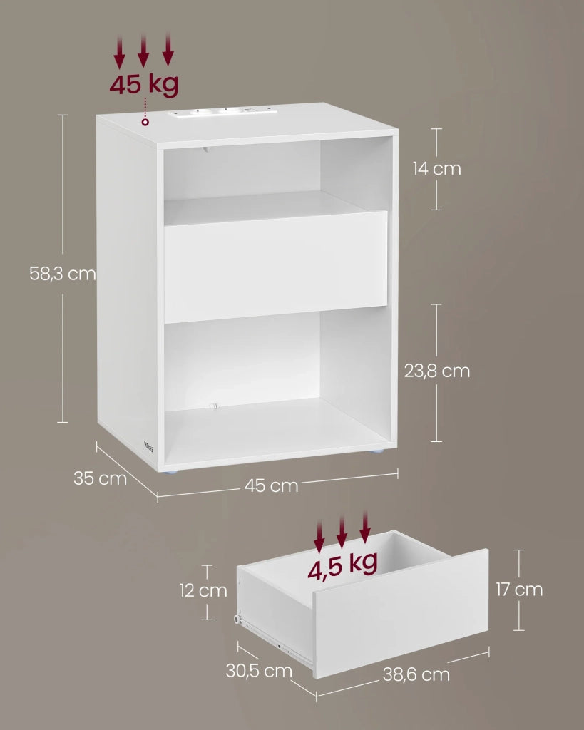 Comodino da montare senza attrezzi set da 2 tavolino con multipresa e cassetto moderno per camera da letto o soggiorno bianco opaco 12_0007593