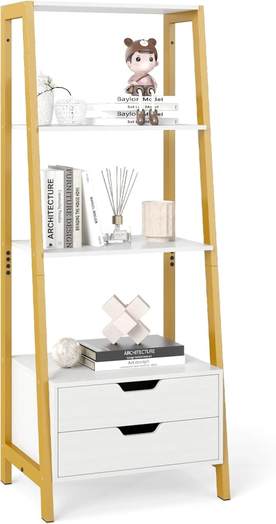 Scaffale a Scala, Libreria in Legno a 4 Ripiani con 2 Cassetti, Scaffale Salvaspazio da Terra per Camera da Letto, Studio, Ufficio e Soggiorno, 52 x 39,5 x 134 cm (Bianco)