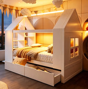 Letto a casetta per bambini 90x200 cm con 2 cassetti; LED e vano contenitore; bianco