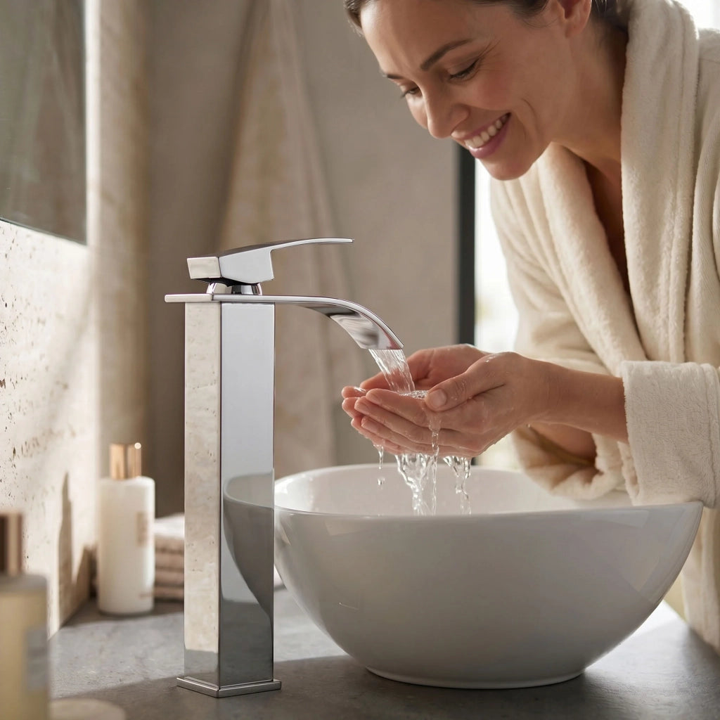 Rubinetto lavabo alto a cascata cromato da appoggio miscelatore bagno EVIO