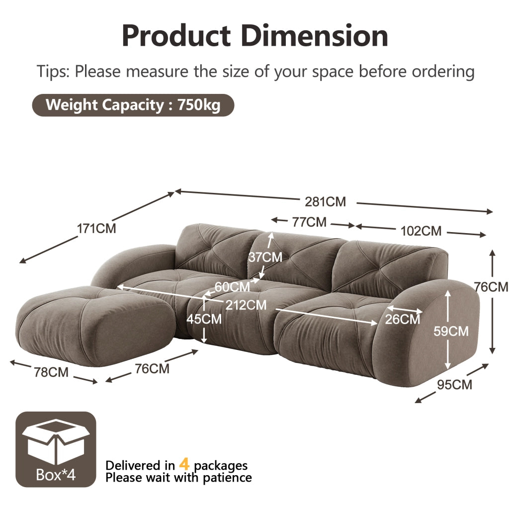 Divano modulare a L con pouf e seduta in schiuma 32D, in ciniglia tortora 281 × 171 × 76 cm