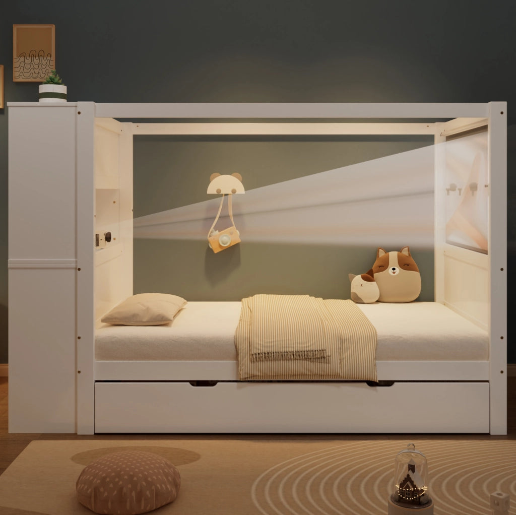 Letto singolo con cassettiera e ampio spazio contenitivo