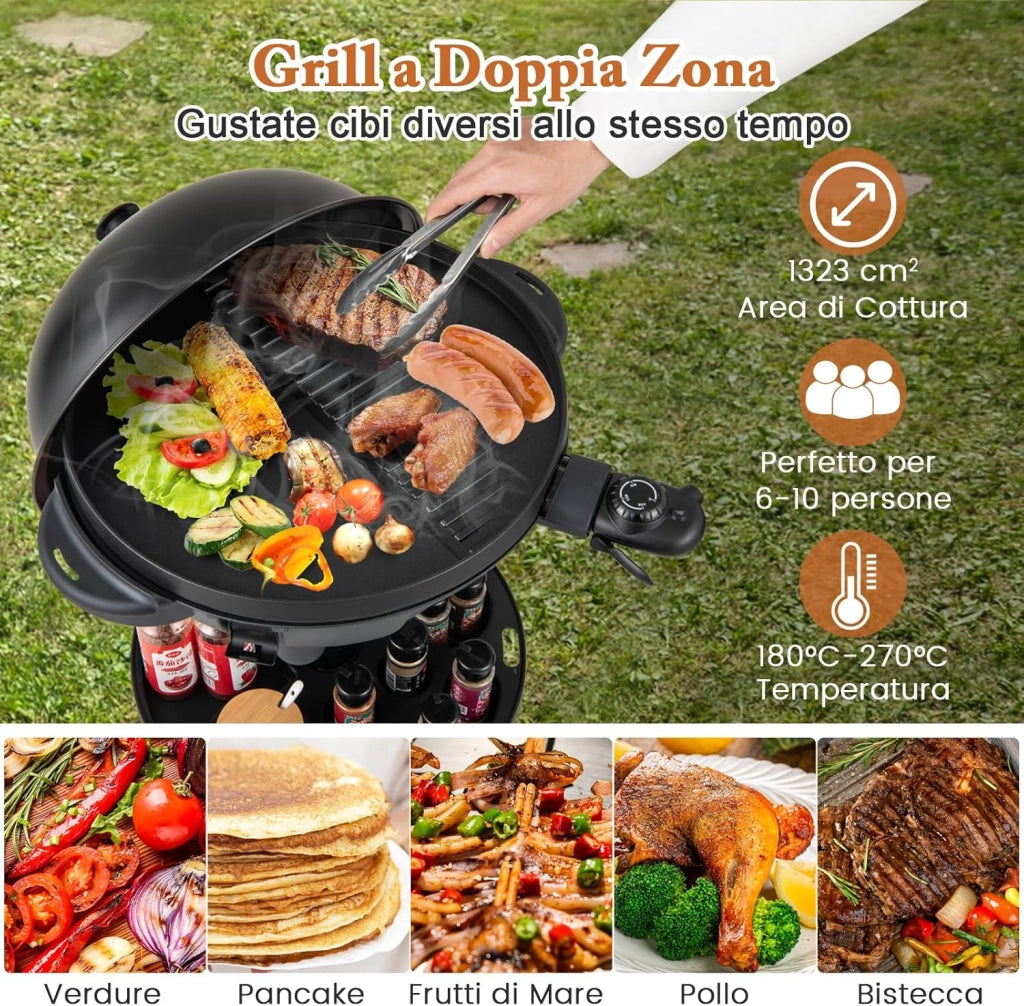 2 in 1 Barbecue Elettrico 1200W in Aluminio con Coperchio a Termometro, Barbecue da Tavolo con Mensola e Piedistalli, Griglia con Piastra Antiaderente per Interni ed Esterni, 63 x 63 x 100 cm