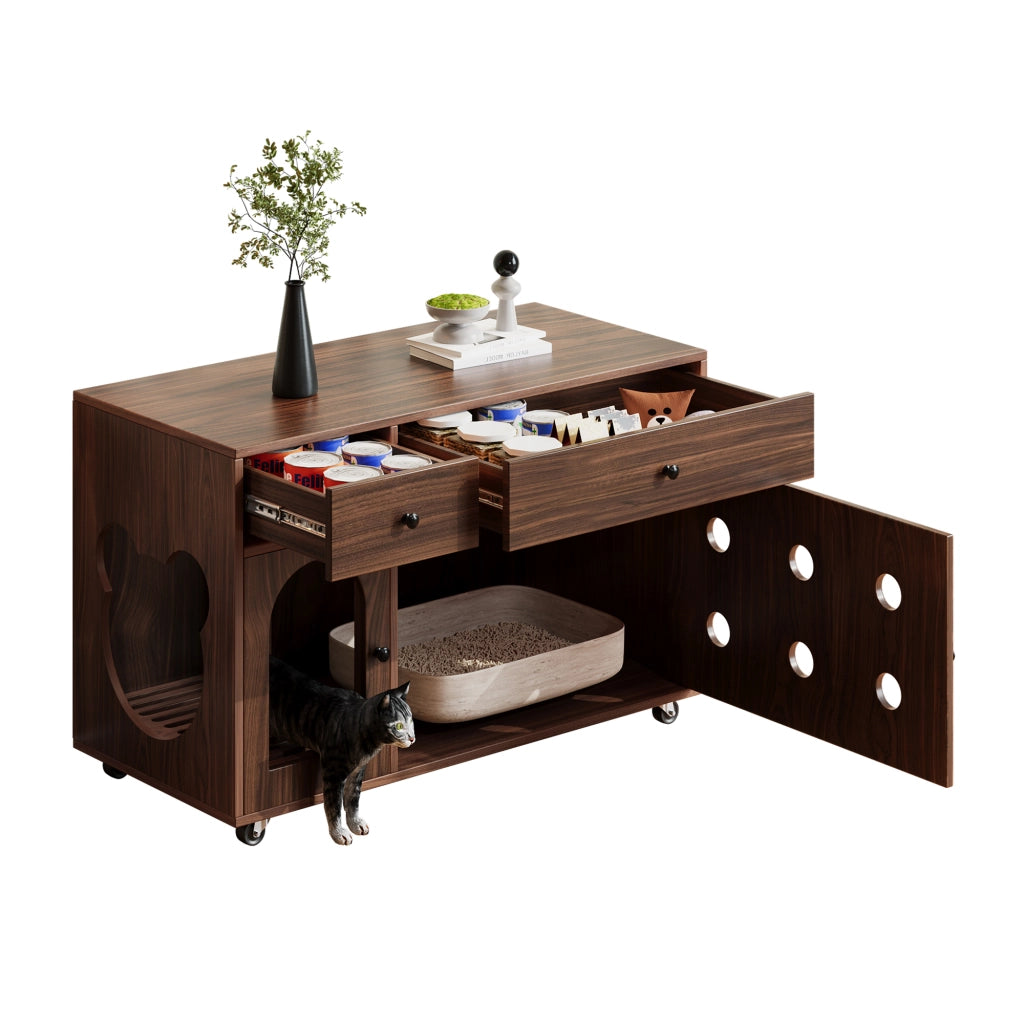 Mobile nascondi lettiera per gatti con cassetti e vaschetta estraibile, 100×45×66 cm, noce