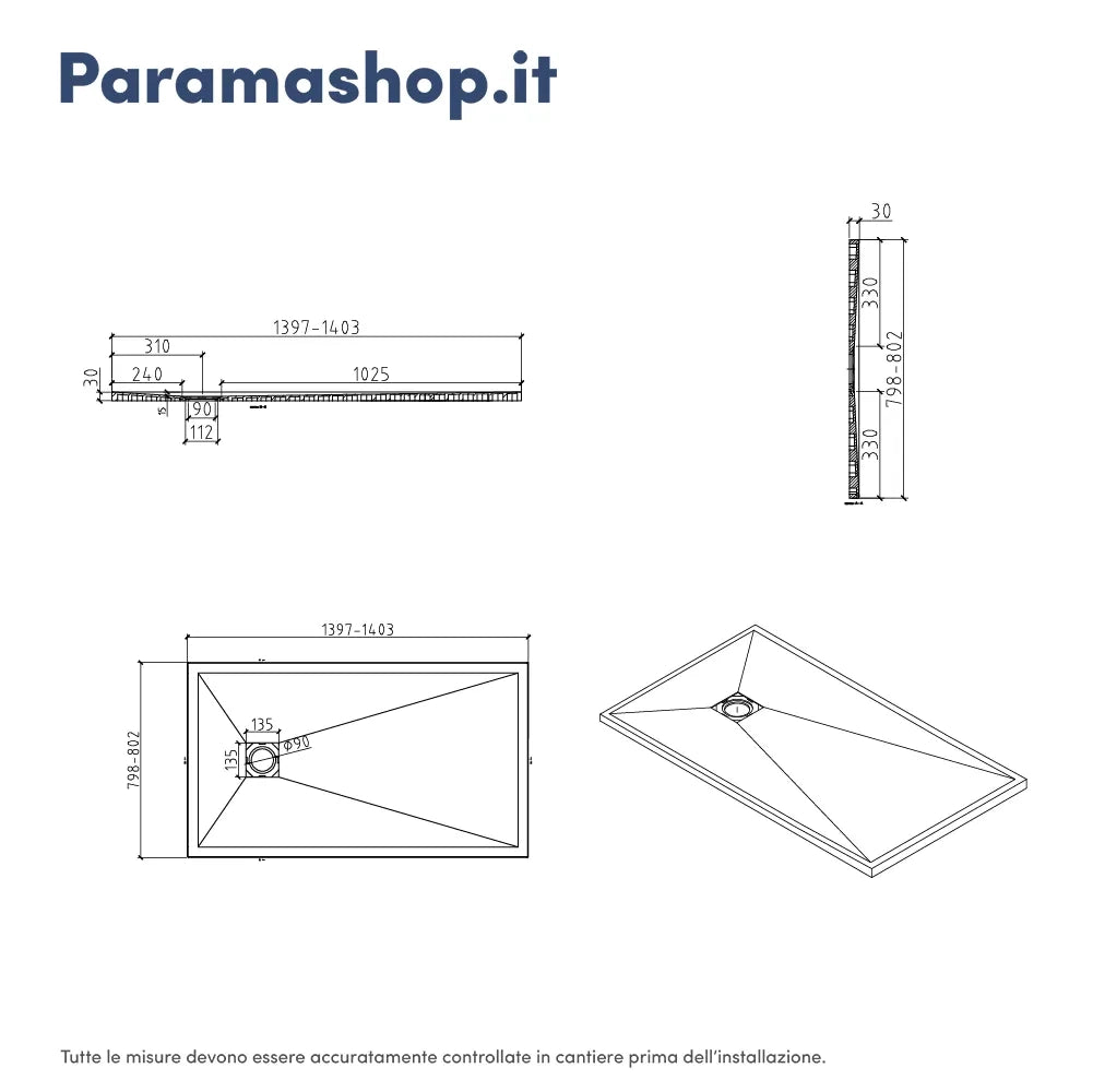 Piatto doccia rettangolare 80x140 cm in marmoresina bianco effetto pietra h3 cm | Milos