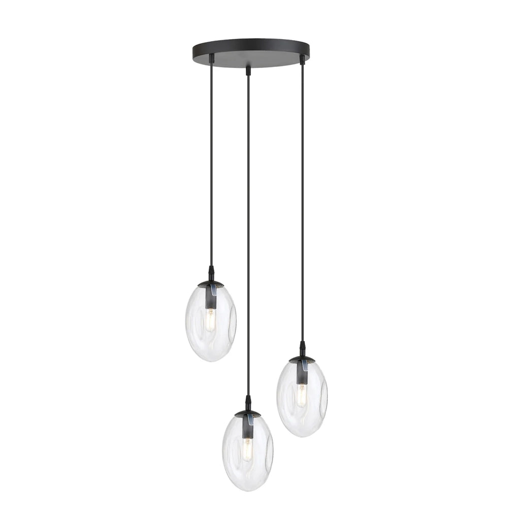 Sospensione Minimal 3 Luci Atalanta Acciaio Nero E Vetro Trasparente