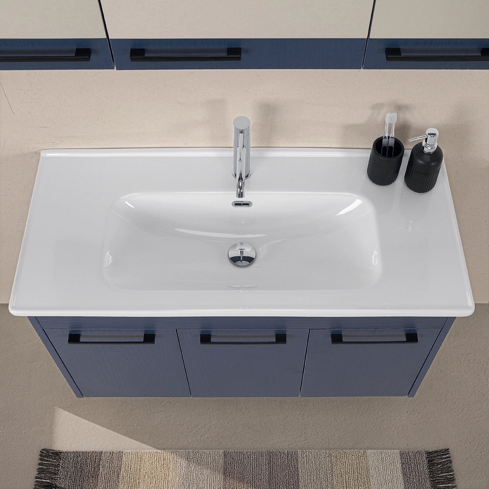 Mobile bagno sospeso 100 cm blu effetto legno con armadietto a specchio Sofia