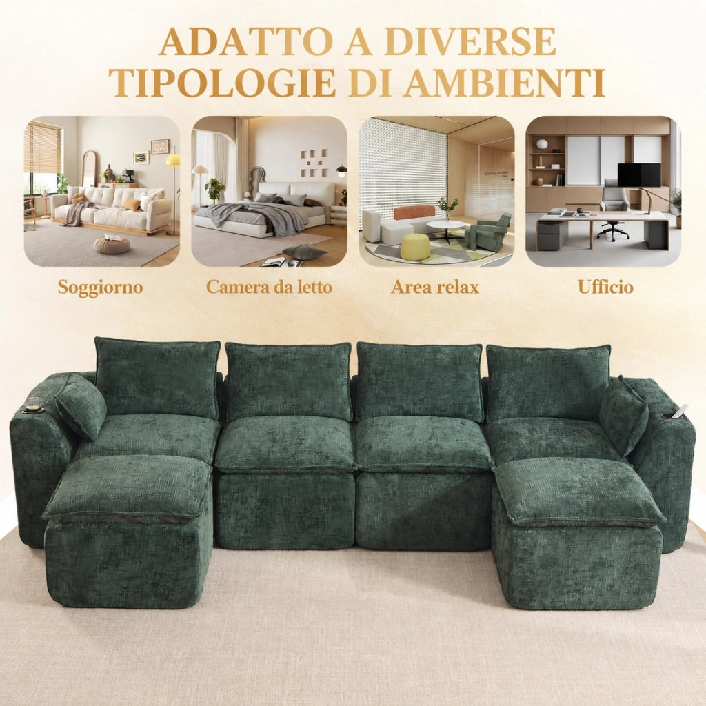 Divano modulare 4 posti con due pouf e portabicchieri; ciniglia verde scuro
