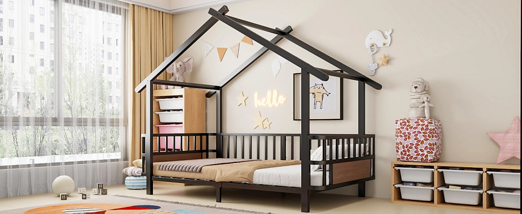 Letto per bambini 90 × 200 cm con barriera di sicurezza et struttura a casetta, senza materasso, in metallo, nero