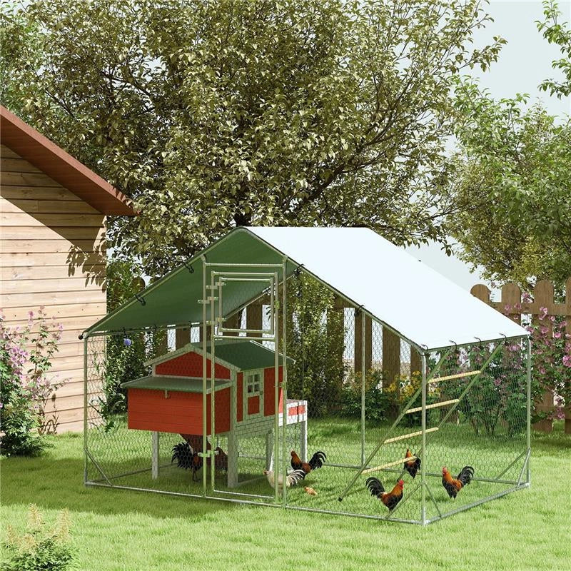 RECINTO PER GALLINE DA 6M¦ PER 6-8 ANIMALI CON TETTO IMPERMEABILE MANGIATOIA E POSATOIO 3X2X1.9M ARGENTO