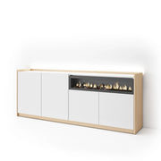 Credenza, Mobile, Cucina, 207x80x37 cm, 4 Porte, Camino elettrico, LED, Bianco e Rovere soft
