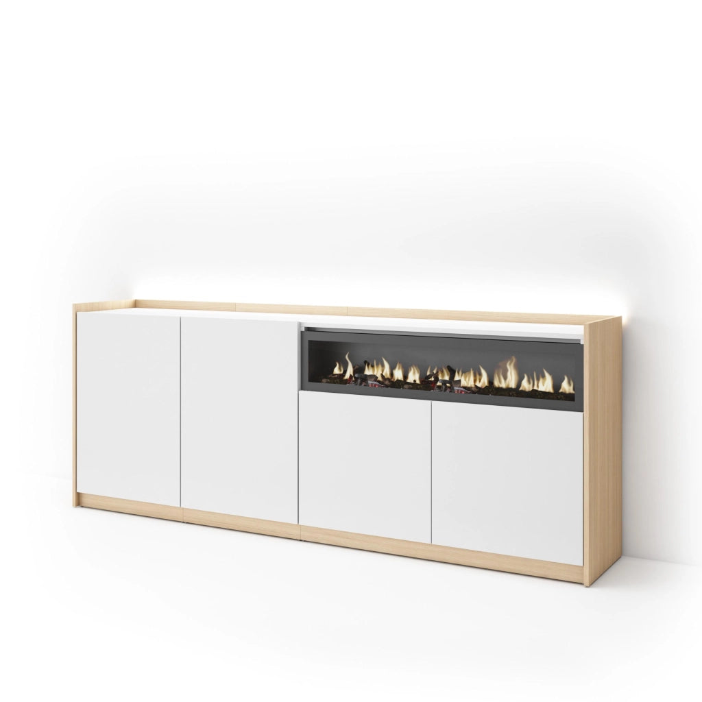 Credenza, Mobile, Cucina, 207x80x37 cm, 4 Porte, Camino elettrico, LED, Bianco e Rovere soft