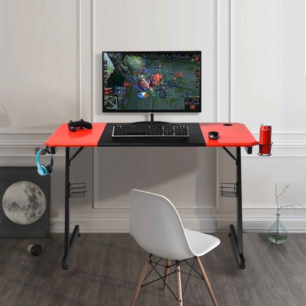 Scrivania da gaming con superficie in fibre di carbonio, Postazione da gaming professionale 120x60x76cm Nero rosso-Scrivanie
