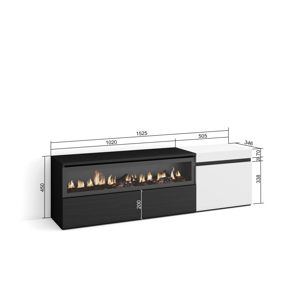 Mobile TV Soggiorno, 150x35x45cm, Per TV fino a 65", Camino elettrico, Bianco e nero RF2442