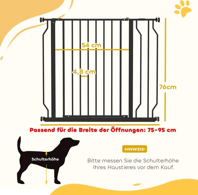Cancello per Cani Regolabile in Acciaio e ABS 75-95 x 76 cm Nero con Montaggio a Pressione