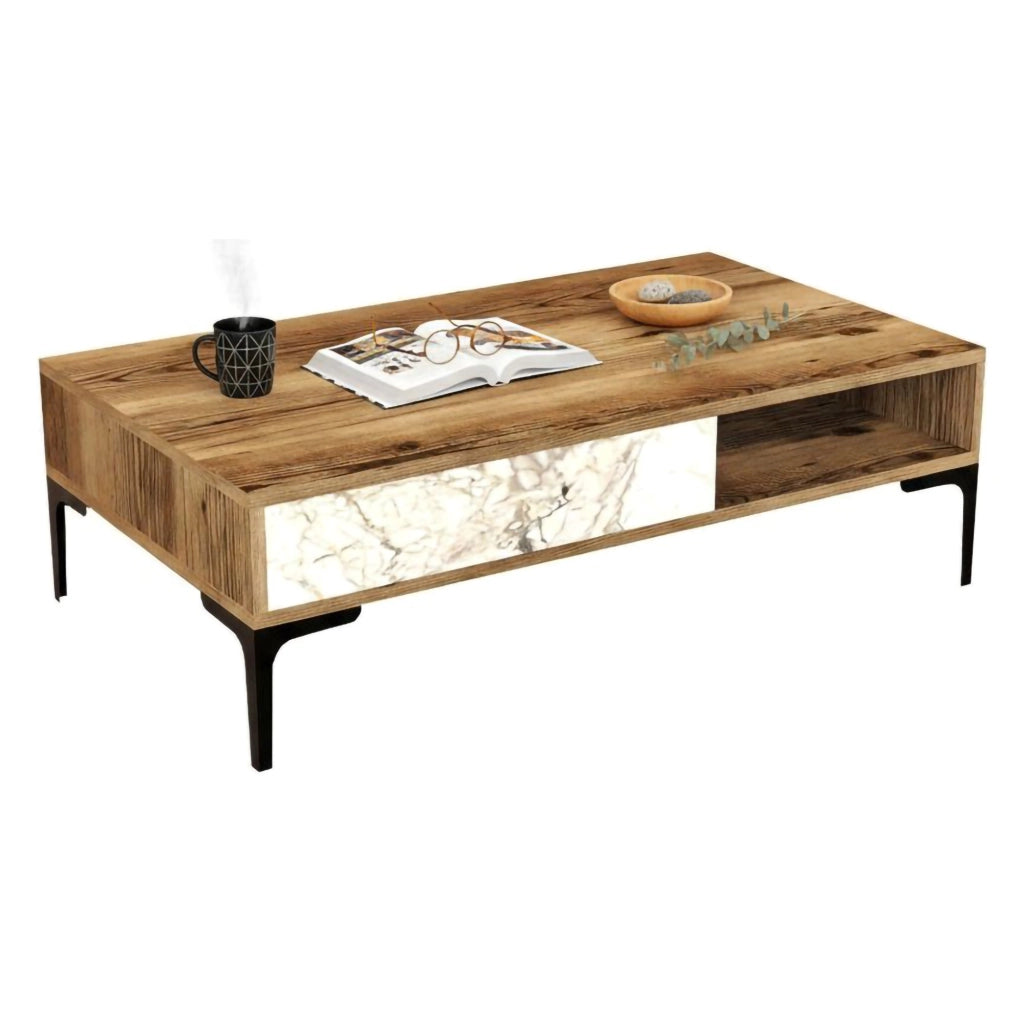 Tavolino da salotto Gru, Tavolo basso da caffè, Portariviste per divano, Ripiano da soggiorno, 105x60h33 cm, Noce e Bianco
