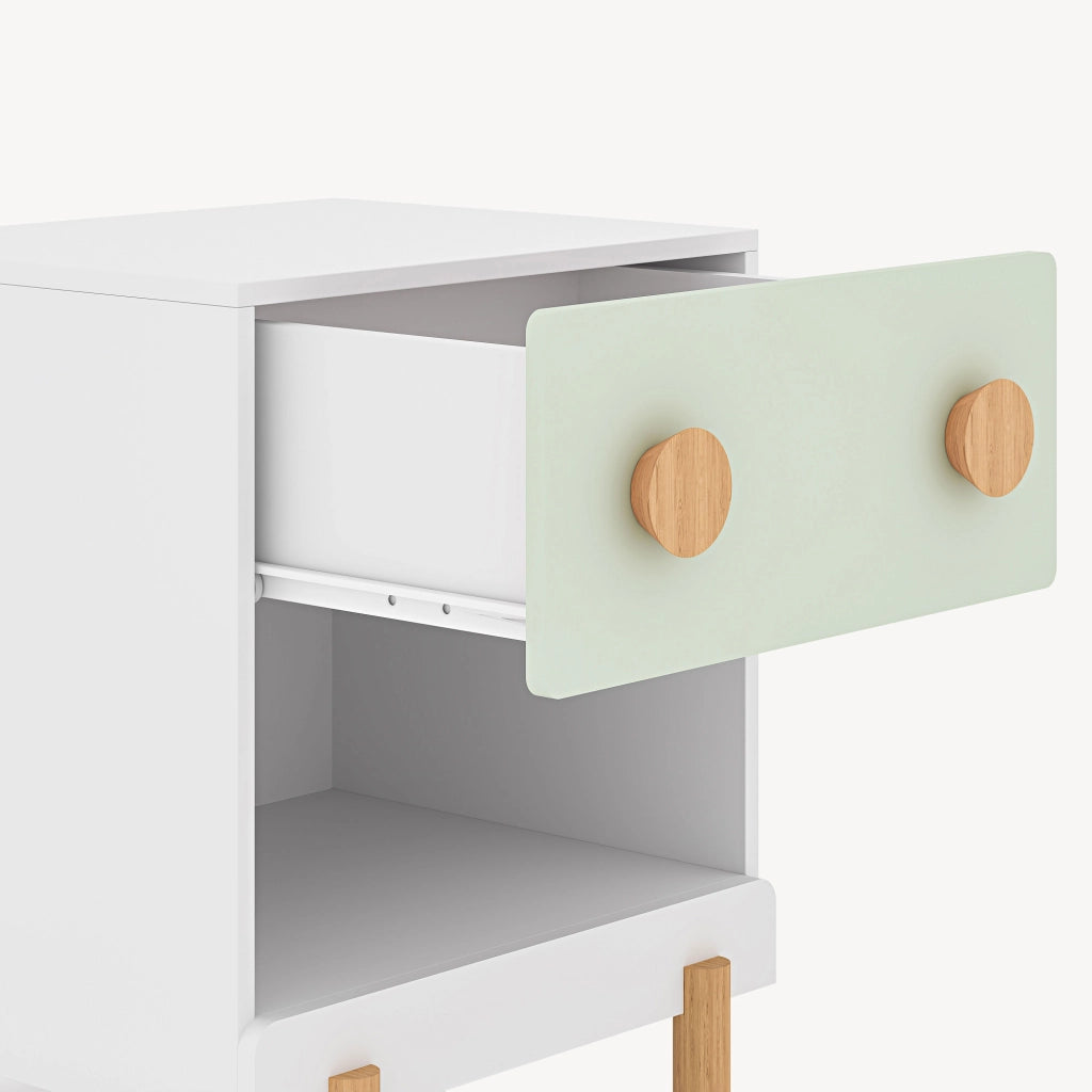 Comodino per Cameretta Vaarentaa con Cassetto e Scomparto Aperto 47x40x35 cm - Bianco/Verde Menta [en.casa]