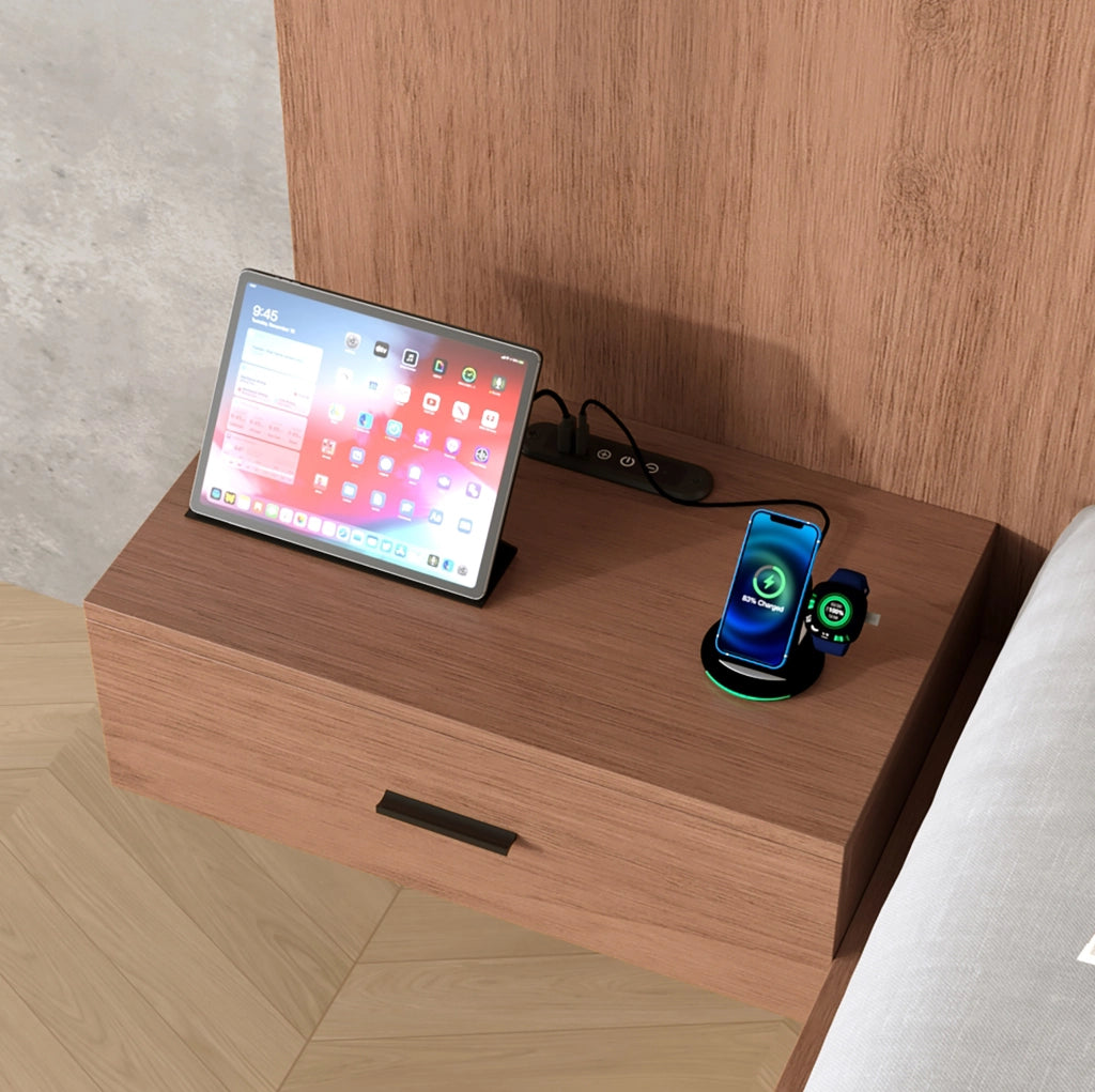 Letto matrimoniale 180x200 cm con contenitore; USB e Type-C; luci di lettura; effetto noce