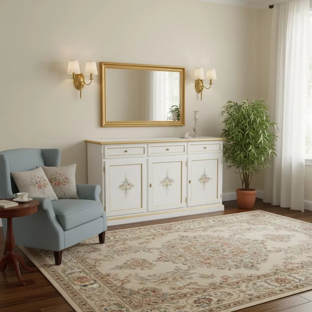 Madia credenza 3 ante legno shabby bianco decorata filo oro 156x42x86 - Mobili 2G