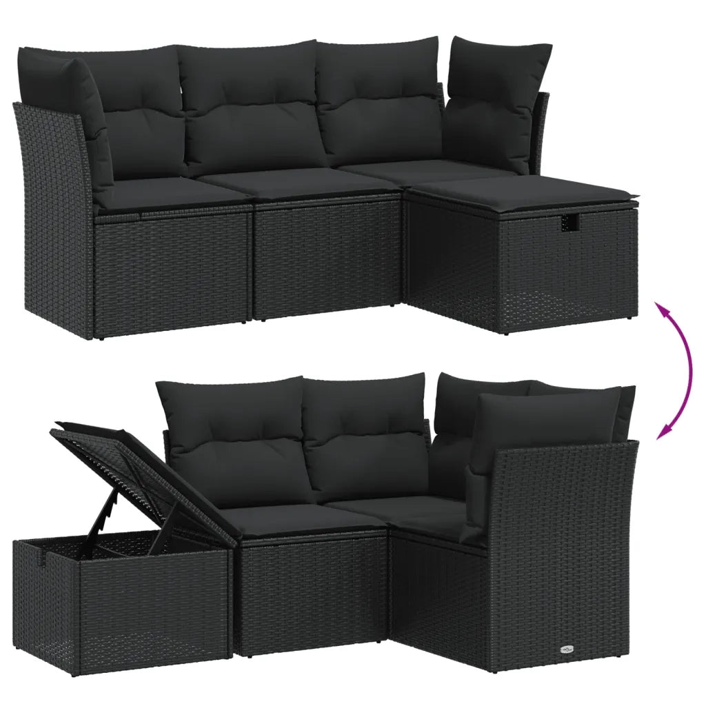 Set Divani da Giardino 4 pz con Cuscini Nero in Polyrattan