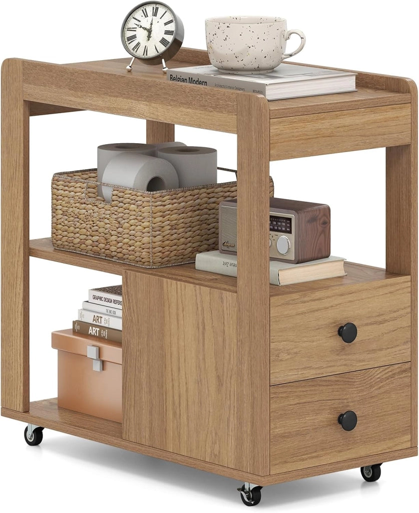 Tavolino da Salotto, Tavolino Moderno Laterale a 2 Cassetti con Ripiani Aperti e Ruote Universali Bloccabili, Tavolo Stretto per Soggiorno, Camera da Letto e Ufficio (Bianco)
