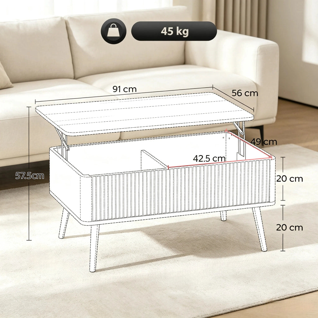 Tavolino da caffè con piano alzabile e 2 vani; per soggiorno; in MDF e legno; rovere