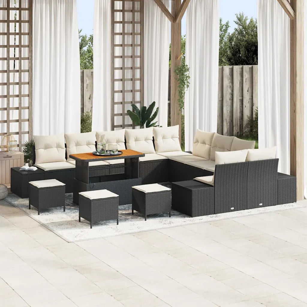 Set Divano da Giardino con cuscino 14 pcs Nero Poly Rattan