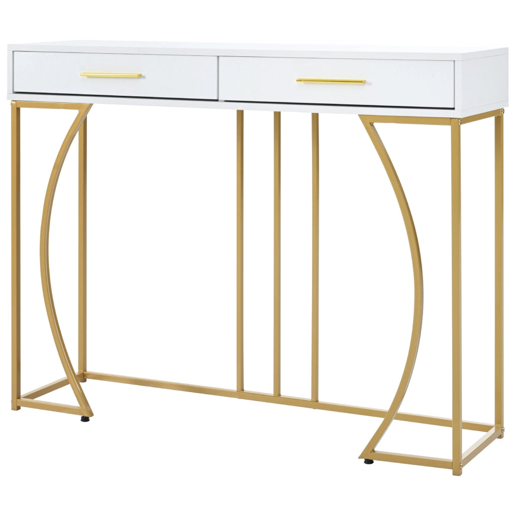 Tavolo consolle bianco e oro con 2 cassetti, metallo e piano in MDF, 110x32x85 cm