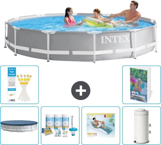 Piscina a forma di prisma a struttura circolare - 366 x 76 cm - Grigio - Incluso Copertura - Kit di manutenzione - Divano per la piscina - Pompaggio per piscina - 7 pezzi