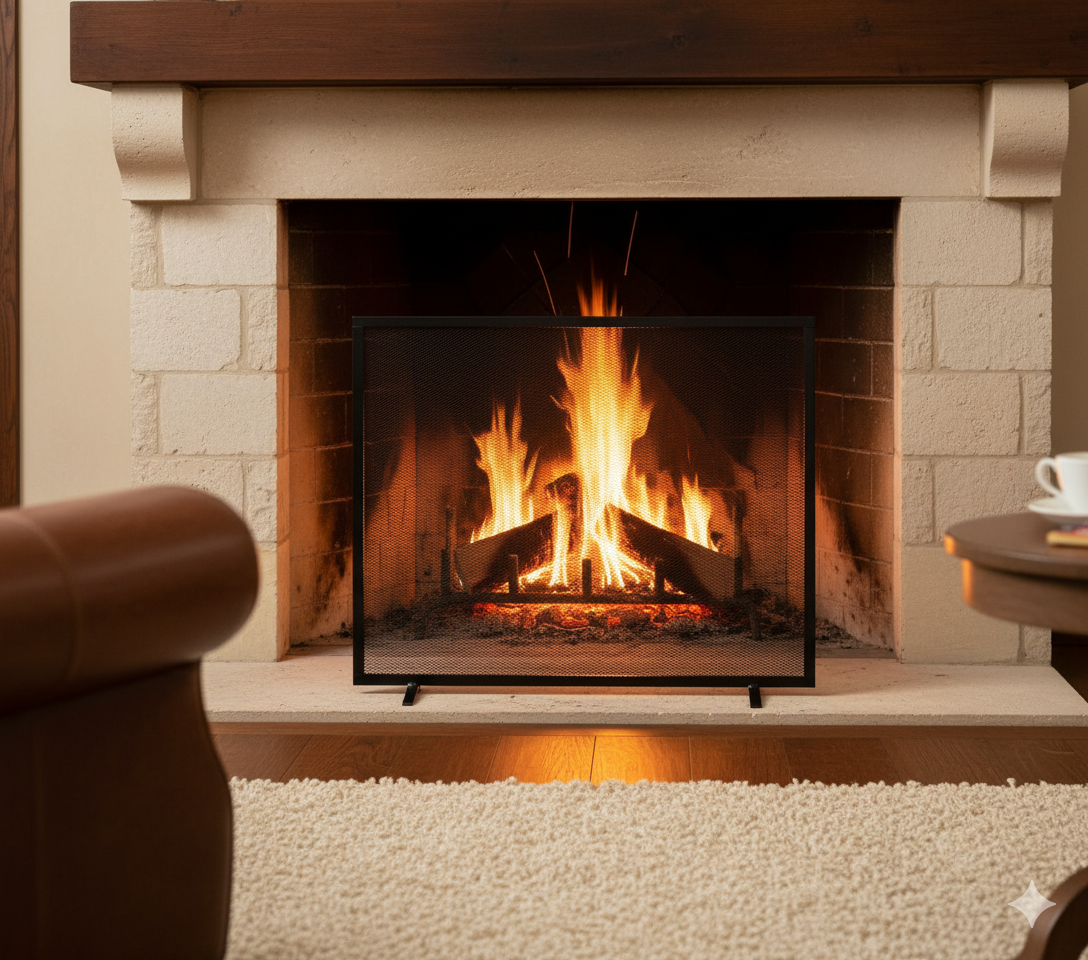 Parascintille per Camino 70x51 in Ferro Verniciato Grigio Martellato