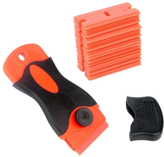 Schrappatore in vetro con 25 pezzi di forbici di sicurezza - Rimosso dell'adesivo auto - Rimosso del vinile dei contrassegni - Schiaccia 11x4,5cm - ABS plastica - Garanzia di soddisfazione del cliente - Raschiatore in plastica