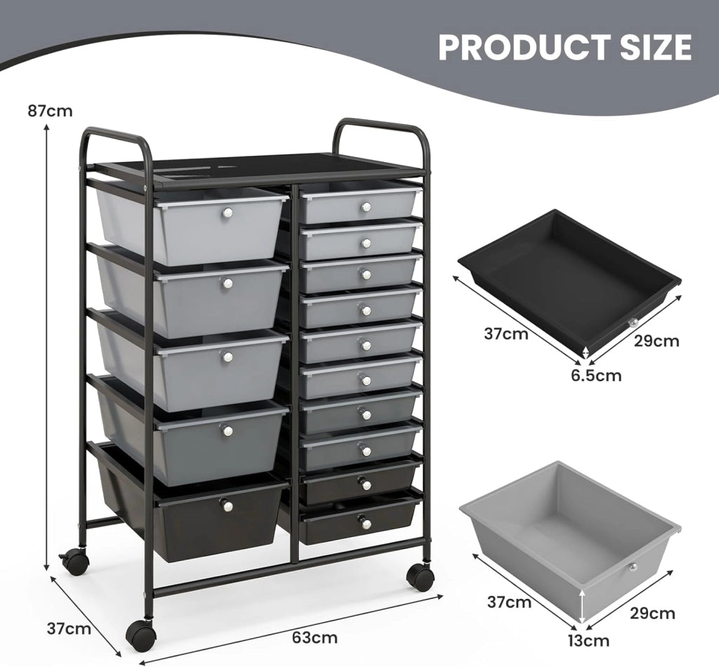 Carrelli Porta Oggetti, con 10+5 Cassetti Impilabili, 2 Ruote Bloccabili, Braccioli Metallici, Portabile e Pratico, per Ufficio, Studio, Cucina,Bagno, 5 Colori Disponibili, 62,5x37x87 cm