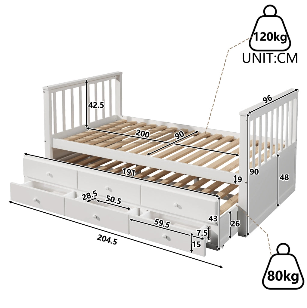 Letto a una piazza 90x200 cm con cassetti e letto estraibile in pino e MDF bianco