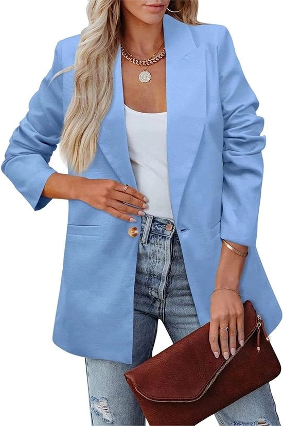 Blazer Casual con Lunghe Piume - Polyester Sovracciglia - Colore Puro - Giacca Casual da Indossare - Abbigliamento Ufficiale - Esterno - Donna (L-Blu)