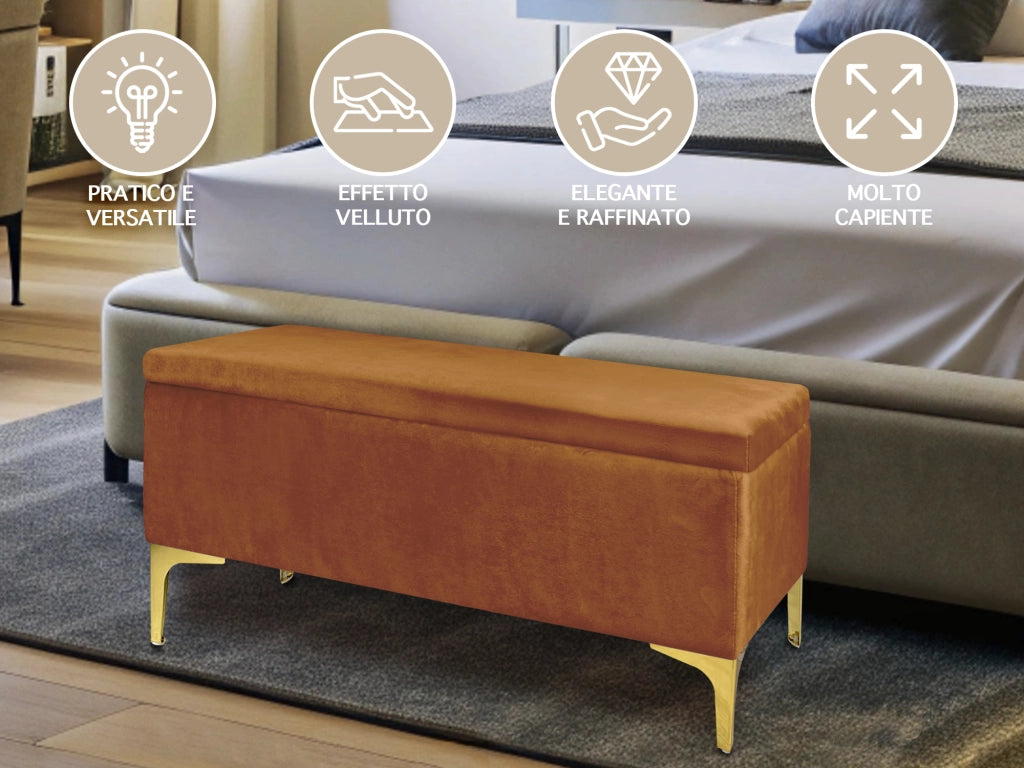 Pouf Panca Imbottita Divanetto In Velluto Contenitore PortaOggetti Panca Sgabello A Pie Di Letto Con Gambe In Metallo Dorato Cassapanca Ingresso Legno Massello Panchina  - Ruggine