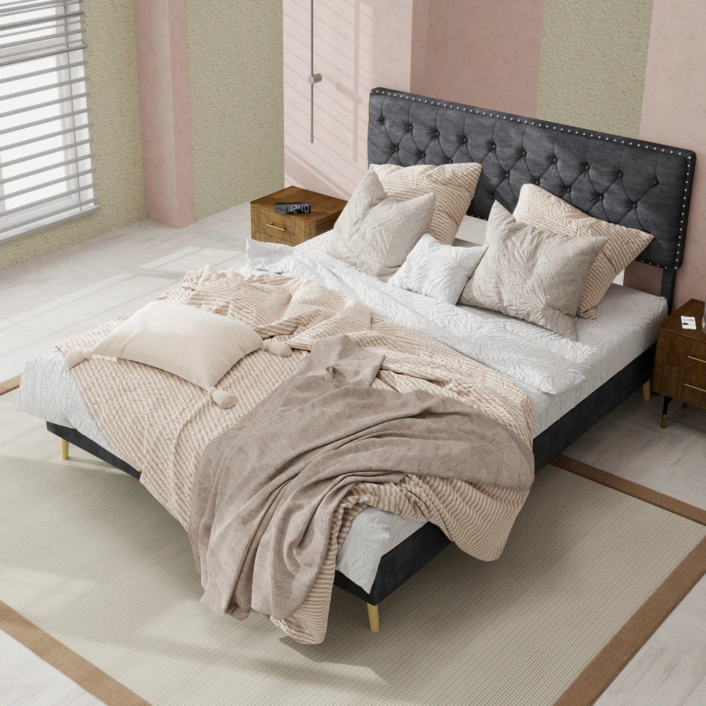 Letto Matrimoniale 140x200 cm con Testiera Imbottita e Spazio Sotto Struttura - Grigio