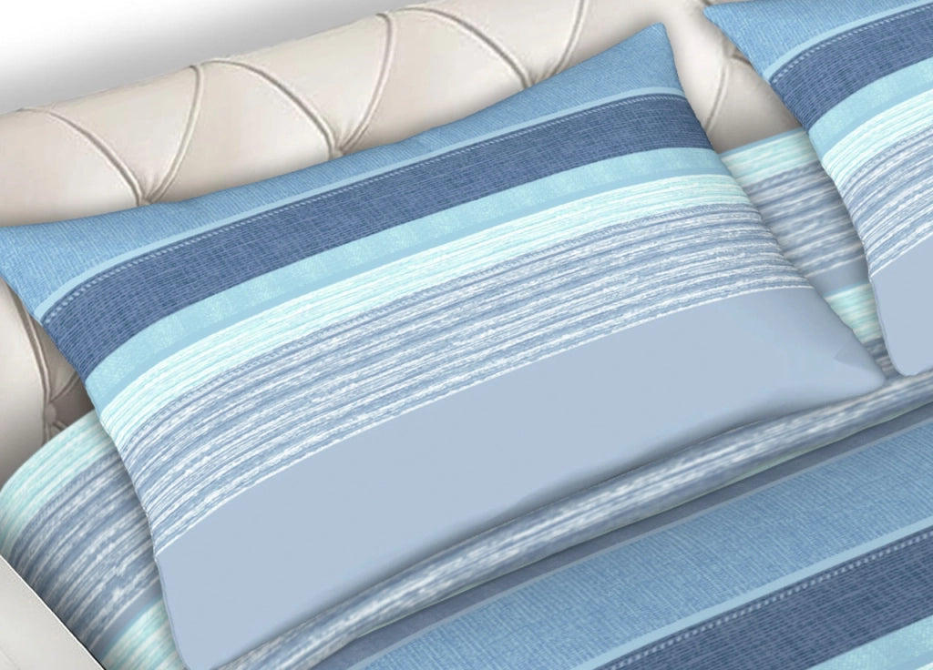 Completo Lenzuola 100% Cotone Made Italy Fantasia Rigata Banded C.N - Matrimoniale - Azzurro