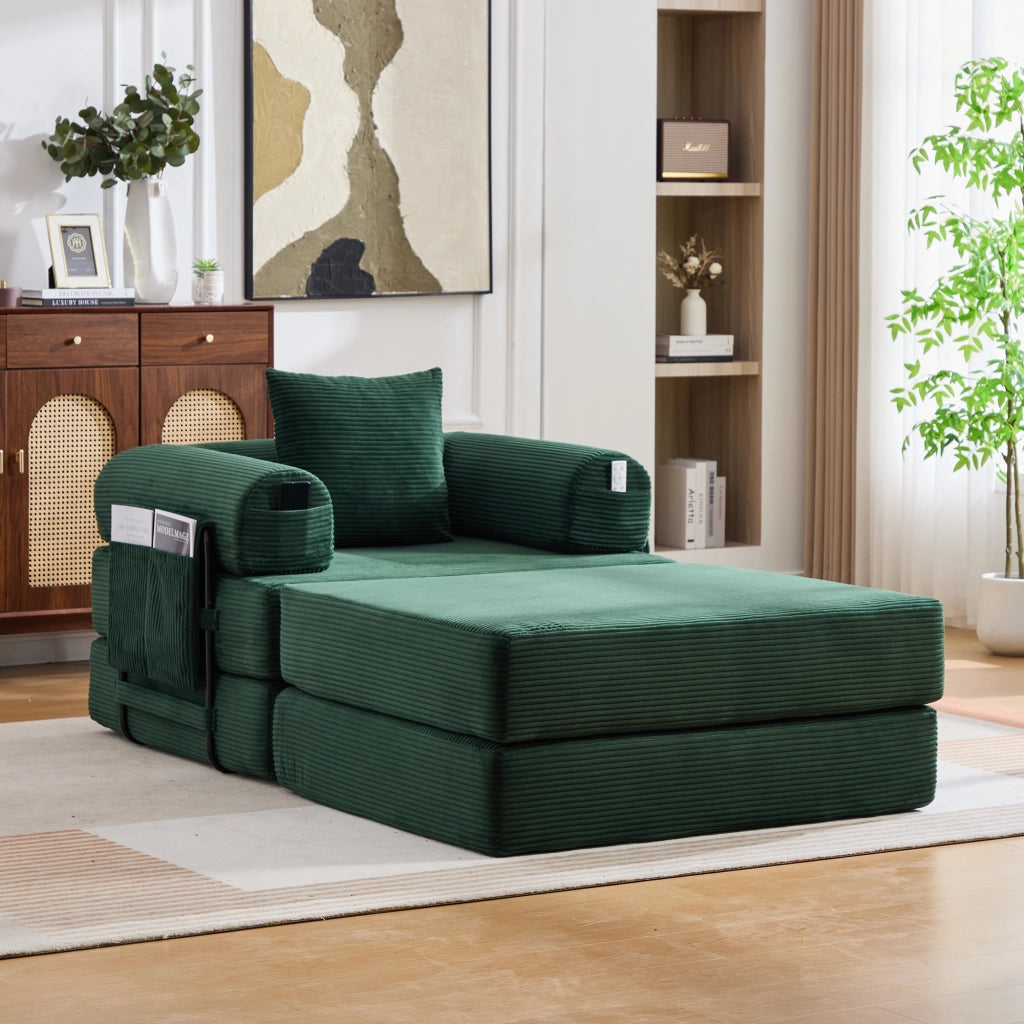 Divano modulare in velluto a coste senza montaggio con pouf, cuscino e tasca laterale, design ergonomico, verde smeraldo