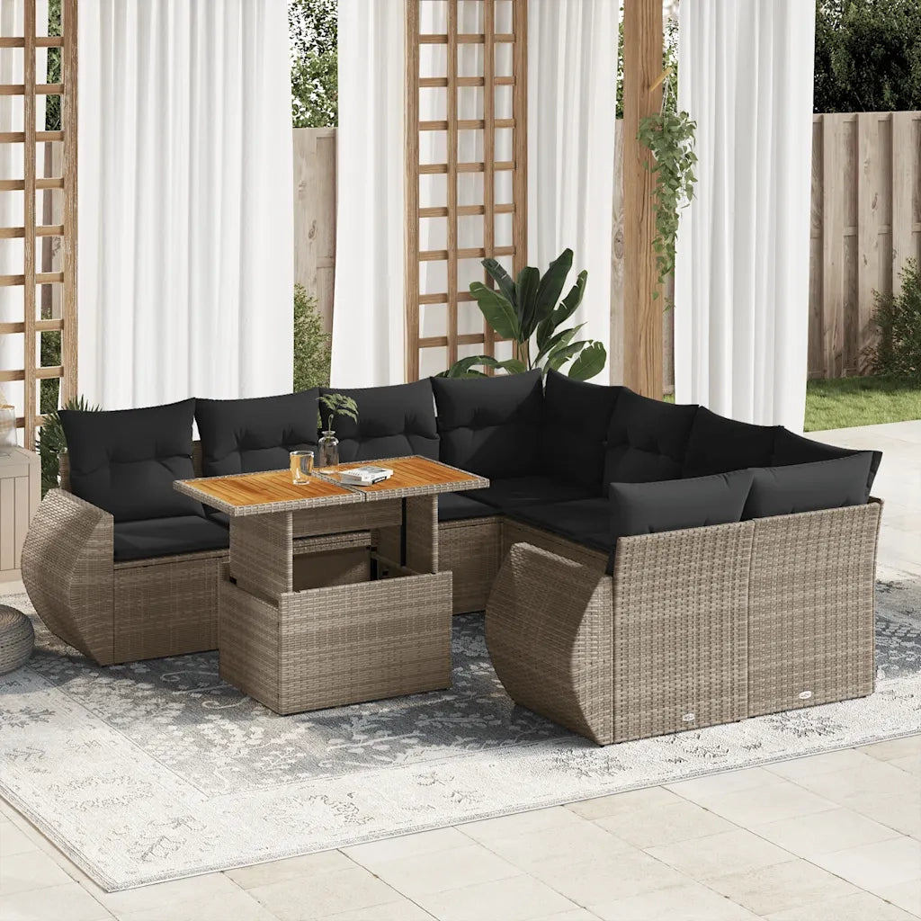 Set Divano da Giardino 9 pz con Cuscini Grigio in Polyrattan