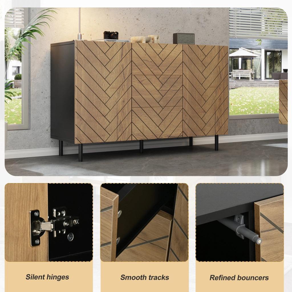 Credenza con 3 cassetti e 2 ante, in truciolato, effetto legno e telaio nero, per soggiorno, 120 × 40 × 76 cm